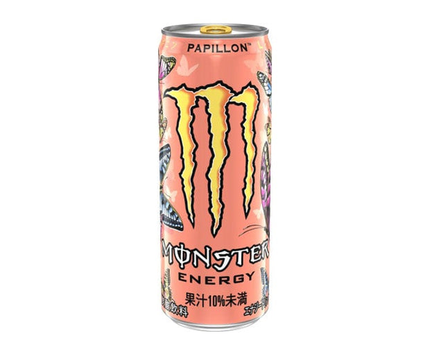 Monster Energy Juice Papillon contains a blend of real fruit juices, including peach, pineapple, and mango juice, along with Monster’s energy blend, which typically includes caffeine, taurine, guarana, and ginseng. The can features a colorful illustration of butterflies. 

Volume: 355 ml