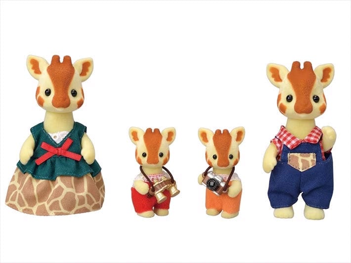 The "Sylvanian Families Highbranch Giraffe Family" is a lovely set of figures from the  Sylvanian Families series. This family is known for their long necks and distinctive coat patterns, making them a charming addition to any collection. 8 cm x 4 cm x 4 cm / 3.1 inches x 1.6 inches x 1.2 inches.